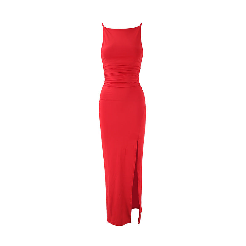 Women Clothing Summer Suspender off Neck Pleated Side Slit Elegant Dress by Ragazza