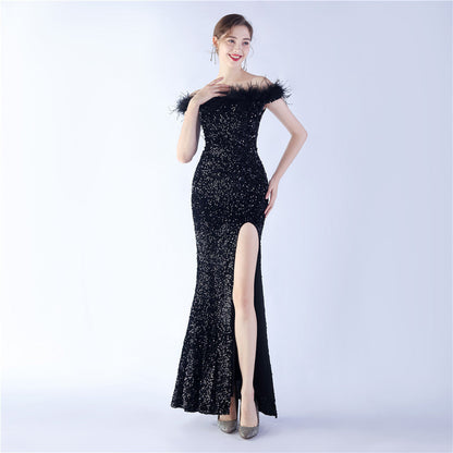 Velvet Bottom Sequin Craft Order Ostrich Hair off-Shoulder High End Evening Dress by Ragazza
