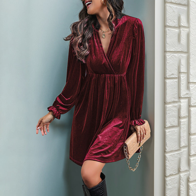 Long Sleeve Patchwork Autumn Winter Women Clothing Velvet Dress by Ragazza