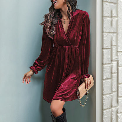 Long Sleeve Patchwork Autumn Winter Women Clothing Velvet Dress by Ragazza