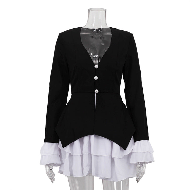 Women Clothing Black White Color Contrast Short Dress V neck Flared Sleeves Elegant A line Dress by Ragazza