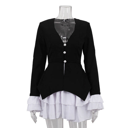 Women Clothing Black White Color Contrast Short Dress V neck Flared Sleeves Elegant A line Dress by Ragazza