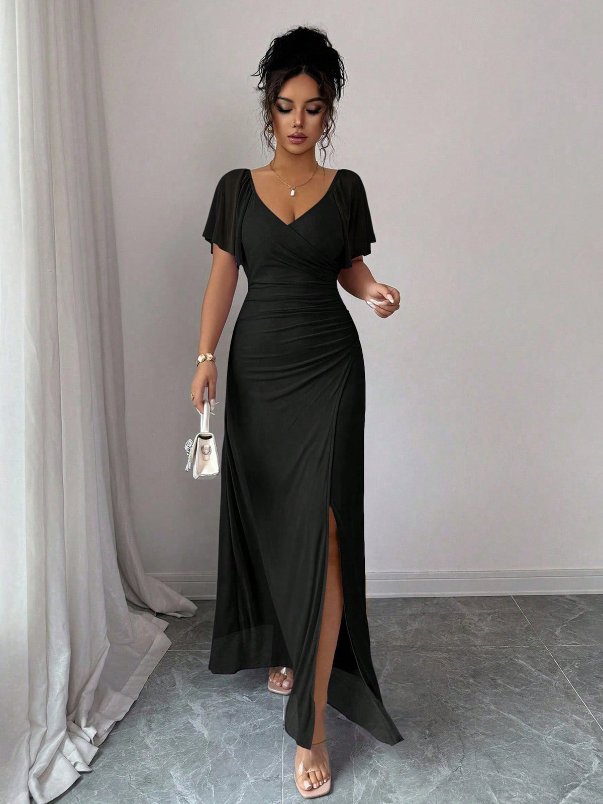 Women Elastic Net V Neck Patchwork Flying Sleeves Slit Evening Dress  DestGlow