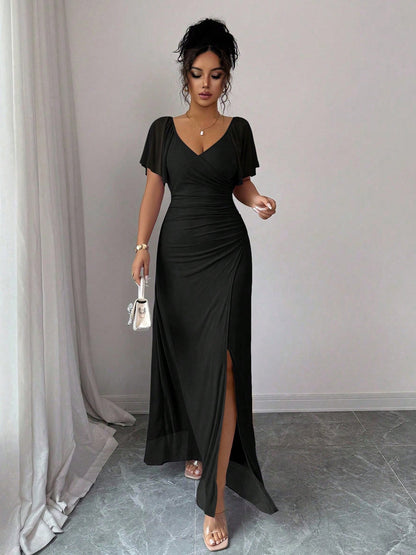 Women Elastic Net V Neck Patchwork Flying Sleeves Slit Evening Dress  DestGlow