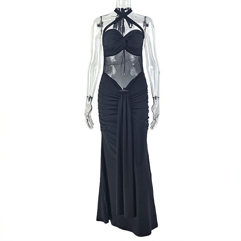 Women Clothing Micro Transparent Lace up Backless Solid Color Hip Dress Halter Pleated Wrapped Chest Slim Fit Maxi Dress  DestGlow
