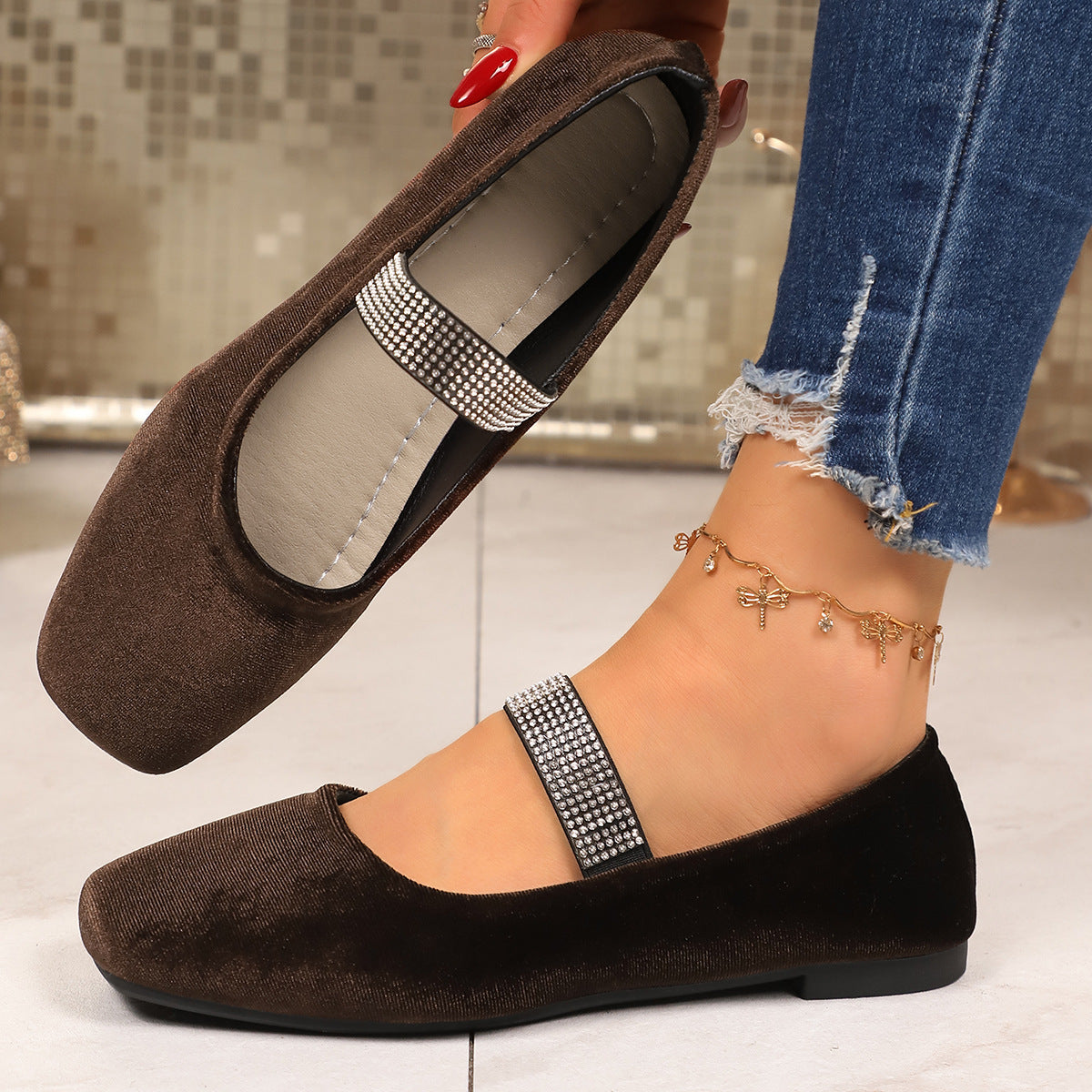 Arrival Suede Rhinestones Flat Pumps Women Comfortable Square Toe Low Cut Lightweight Four Seasons Work Shoes  DestGlow