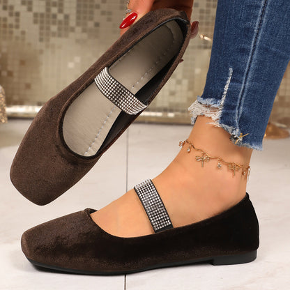Arrival Suede Rhinestones Flat Pumps Women Comfortable Square Toe Low Cut Lightweight Four Seasons Work Shoes  DestGlow