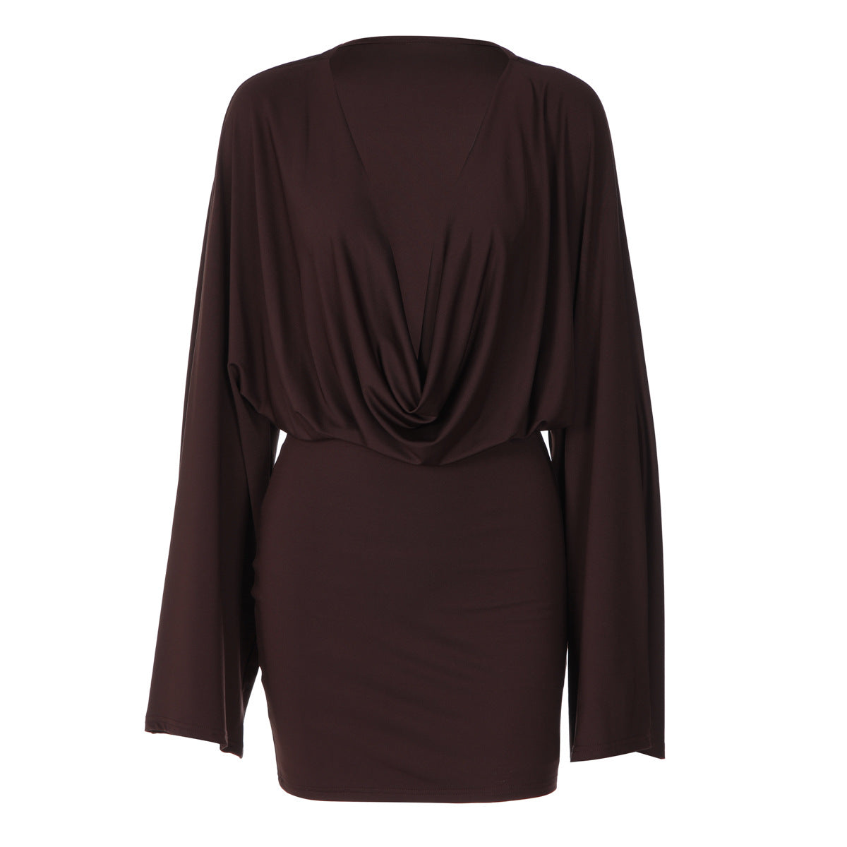 Women Sexy Low Cut Deep V Plunge neck Solid Color Long Sleeve Waist Slimming Sheath Dress  DestGlow