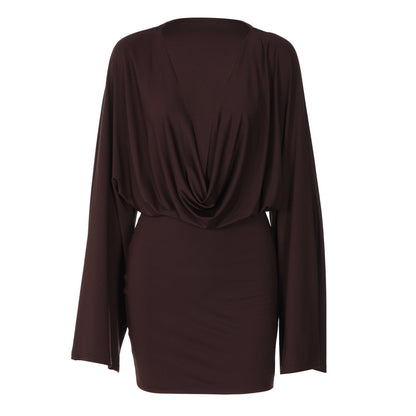 Women Sexy Low Cut Deep V Plunge neck Solid Color Long Sleeve Waist Slimming Sheath Dress  DestGlow
