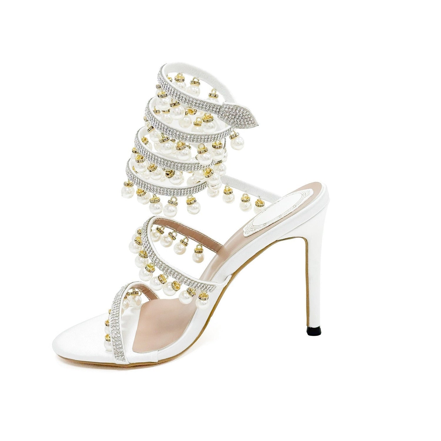 Black White Champagne 10cm Stiletto Heel Small round Toe Rhinestone Pearl High Heel Women Sandals Summer Heels  DestGlow