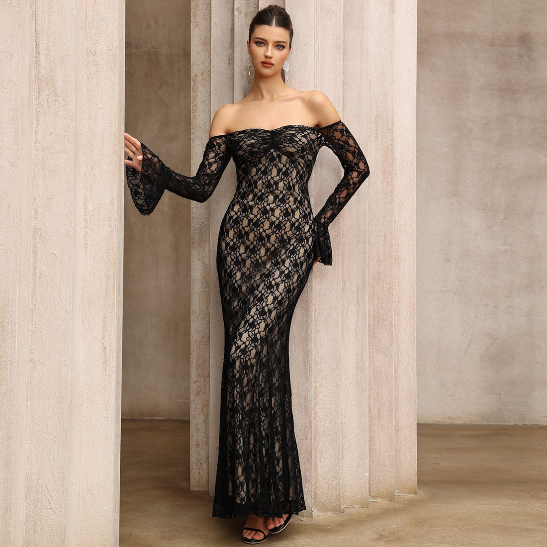 French off Shoulder Lace Slim Fit Slimming Long Sleeves Dress Mid Length Party Evening Dress by Ragazza