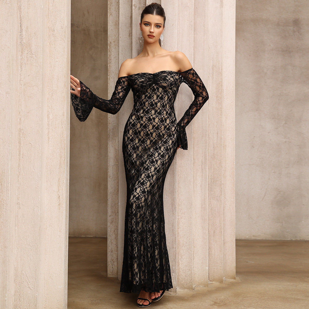 French off Shoulder Lace Slim Fit Slimming Long Sleeves Dress Mid Length Party Evening Dress by Ragazza
