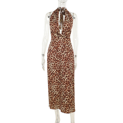 Deep V Plunge Leopard Print Strap Dress for Women Vacation Sexy Slim Fit Halter Backless Maxi Dress by Ragazza