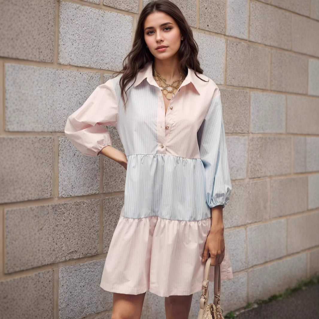 Fresh Pink Blue Contrast Color Striped Collared Lantern Sleeve Tiered Swing Loose Stitching Shirt Dress by Ragazza