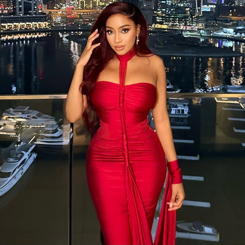 Solid Color Elegant Women Backless Lace up Tube Top Hip Pleated off Neck Dress Cocktail Dress by Ragazza