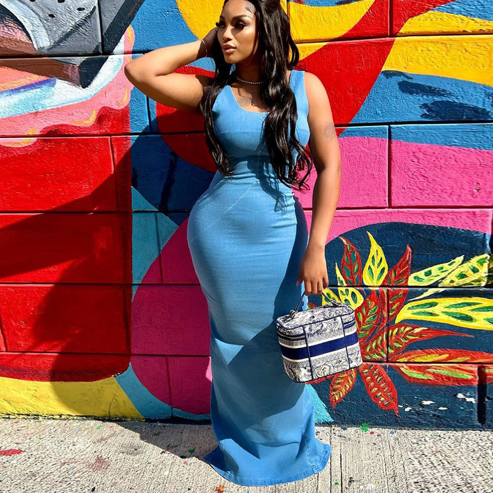 Denim Women Wear Spring Summer Sexy Backless Zipper High Elastic Split Dress for Women by Ragazza