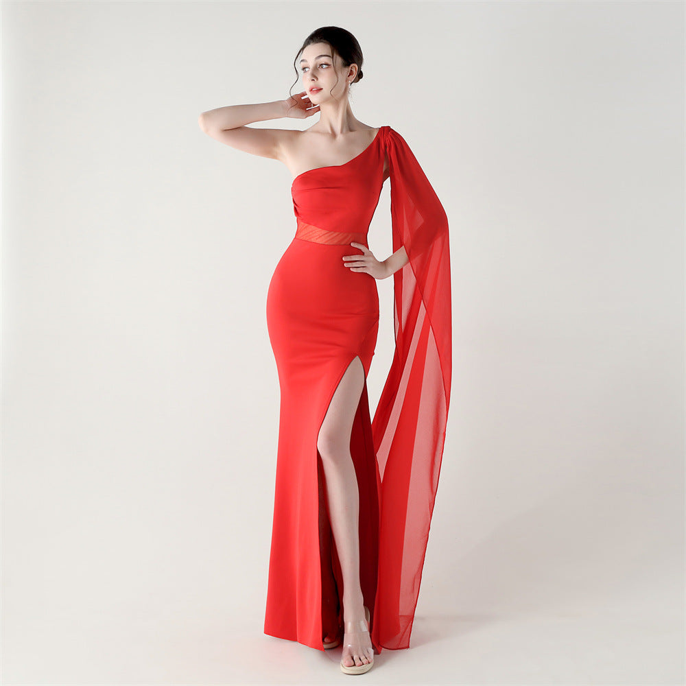 Single Shoulder Crossbody Stitching Mesh Design Satin Slim Cocktail Dress Evening Dress by Ragazza