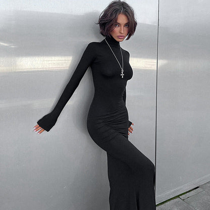 Women Clothing Autumn Winter Sexy Turtleneck Long Sleeve Tight High Waist Dress Solid Color Dress