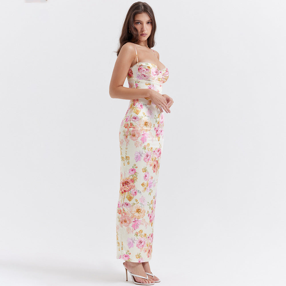 Women Clothing Dress Printed Strap Dress Sexy Backless Slit Vacation Floral Dress for Women by Ragazza