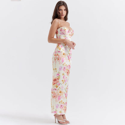 Women Clothing Dress Printed Strap Dress Sexy Backless Slit Vacation Floral Dress for Women by Ragazza
