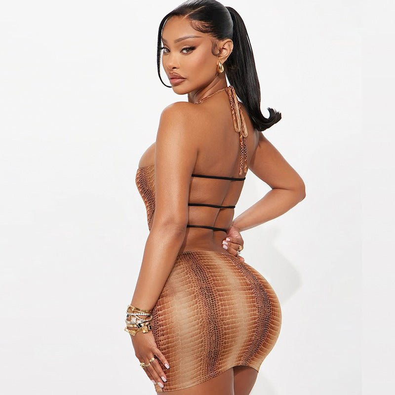 Women Clothing Autumn Sexy Animal Print Sleeveless Halter Strap Backless Ultra Short Dress  DestGlow