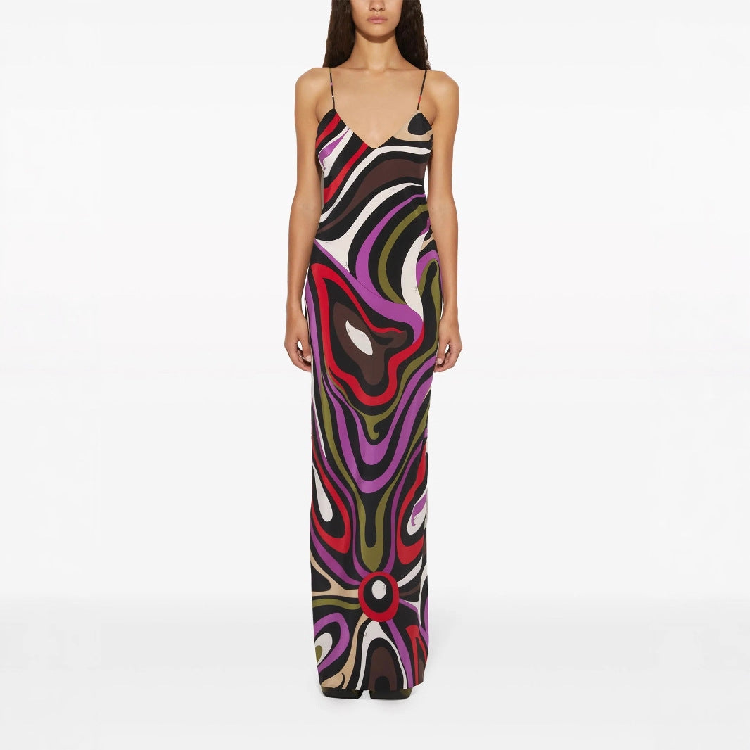 Summer Printed Satin Strap Backless Maxi Dress Women by Ragazza