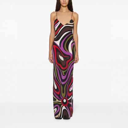 Summer Printed Satin Strap Backless Maxi Dress Women by Ragazza