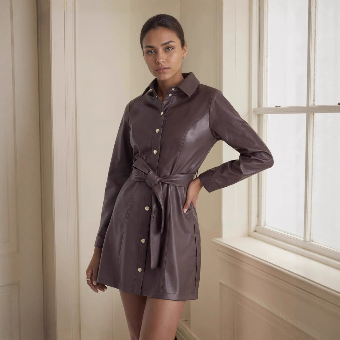 Mid Length Leather Coat Dress with Belt Spring Autumn Long Sleeve Faux Leather Trench Coat British Leather Coat Women by Ragazza