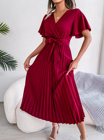 Spring Summer Elegant Criss Cross V-neck Swing Pleated Dress Women Clothing by Ragazza