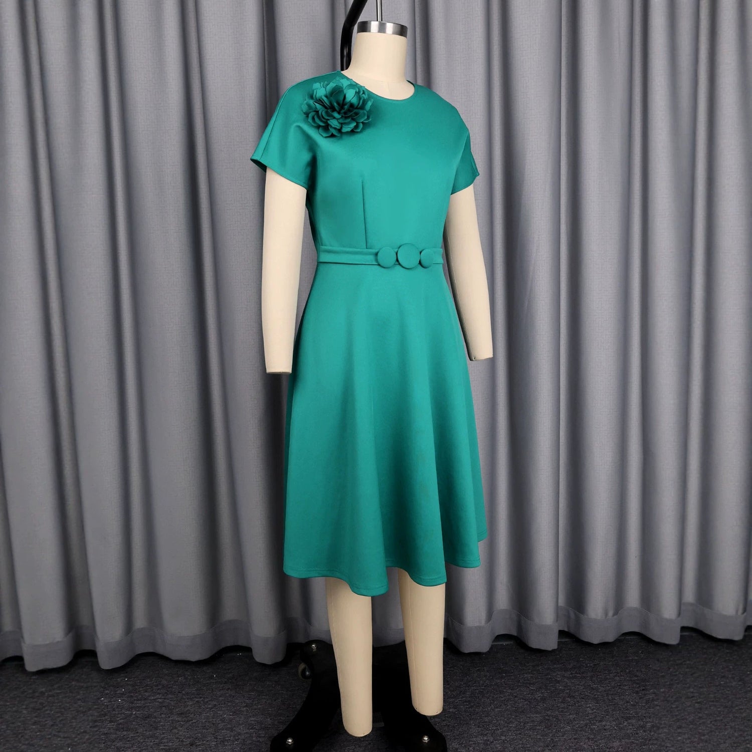 Elegant Decorative Button Dress A Swing High Waist Slimming Three Dimensional Applique Solid Color Dress by Ragazza