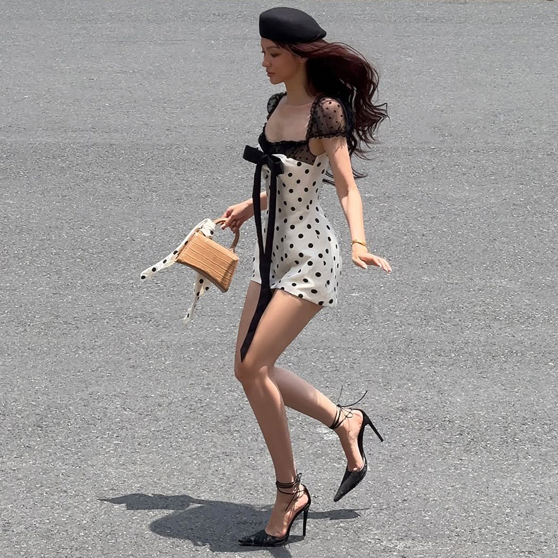 Summer Women Bow Polka Dot Short Sexy Lace Stitching Tight Waist Hip Dress by Ragazza
