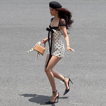 Summer Women Bow Polka Dot Short Sexy Lace Stitching Tight Waist Hip Dress by Ragazza