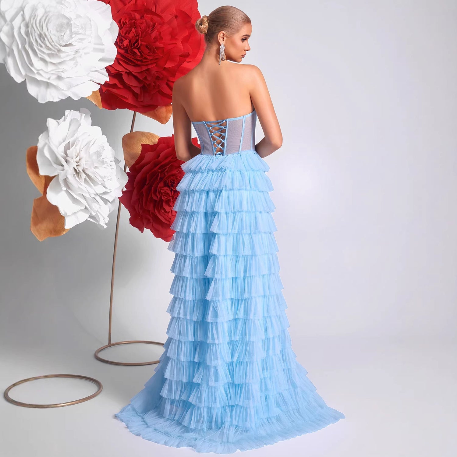Ice Blue Strapless Evening Dress Three Dimensional Multi Layer Mesh Design See through Waist Split Cocktail Dress by Ragazza