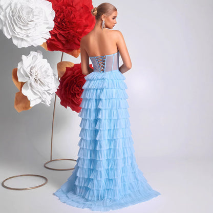 Ice Blue Strapless Evening Dress Three Dimensional Multi Layer Mesh Design See through Waist Split Cocktail Dress by Ragazza