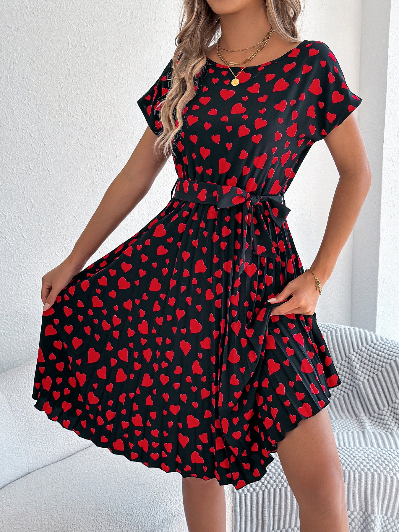 Valentine Day Gift Spring Summer Casual Contrast Color Love Heart Short Sleeve Waist Controlled Pleated Dress Women Clothing by Ragazza