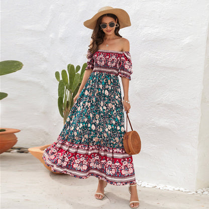 Bohemian Beach Holiday Dress off Shoulder Puff Sleeve Floral Mid Length Dress by Ragazza