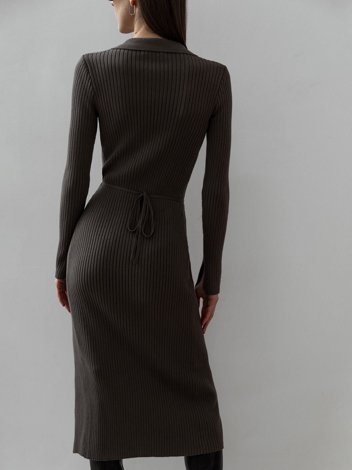 Split Strap Thread Knitted Dress Mid Length Autumn Winter Polo Collar Long Sleeve Sexy Tight Dress by Ragazza