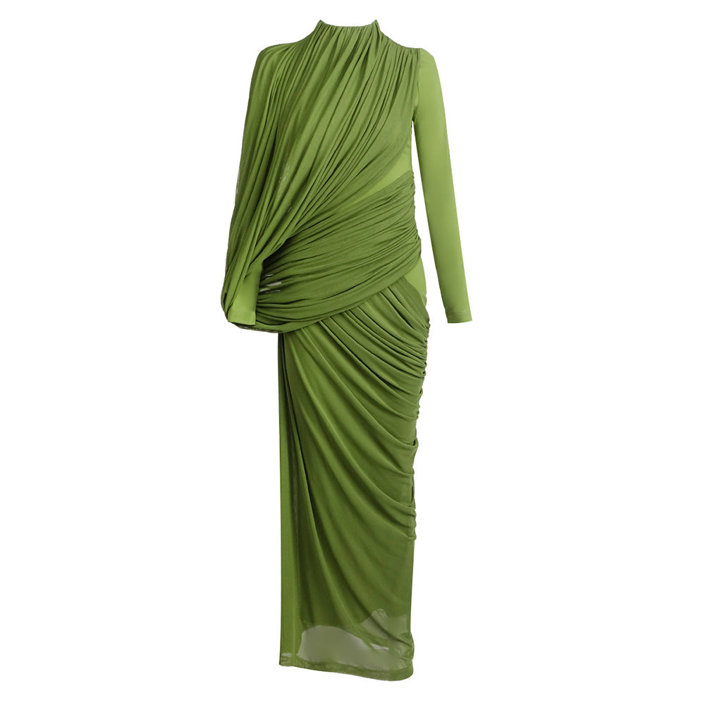 Dress Winter round Neck Green Pleated Long Sleeve  DestGlow