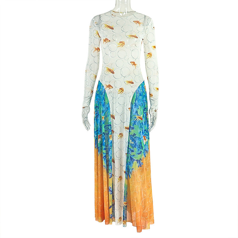 Stitching Women Printed Street Office A line round Neck Long Sleeve Waist Dress by Ragazza