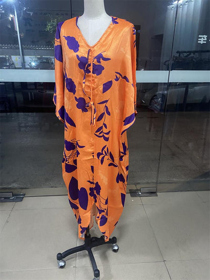 Loose Batwing Sleeve Casual Printing Drawstring Irregular Asymmetric Women Dress by Ragazza