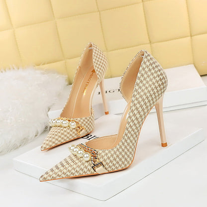 High Heel Low Cut Pointed Toe Side Hollowed Out Fabric Plaid Pearl Metal Chain Houndstooth Pumps  DestGlow