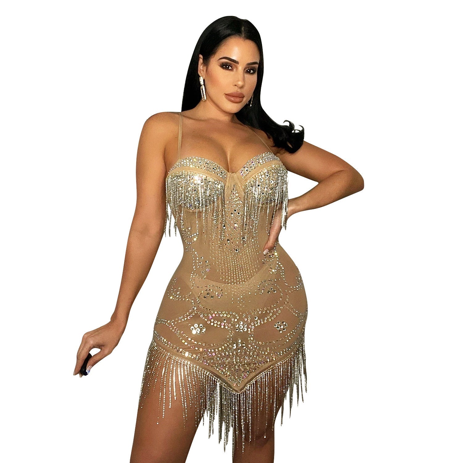 Summer Women Clothing Sexy Mesh Rhinestone Strap Tassel Dress Women by Ragazza