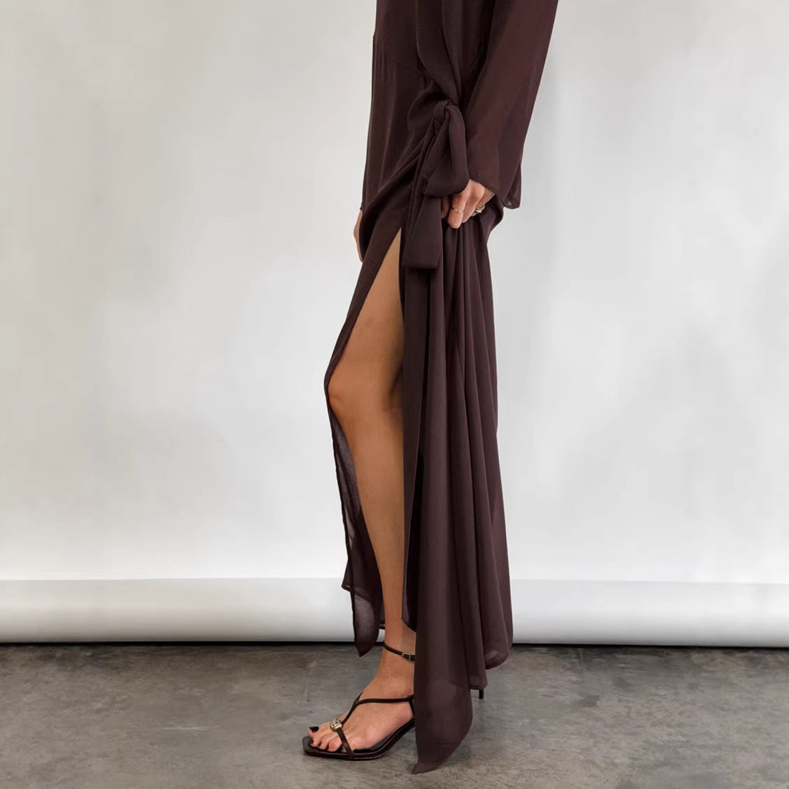 Spring Summer Arrival Mesh See through round Neck Long Sleeve Lace up Bow Split Dress Women by Ragazza