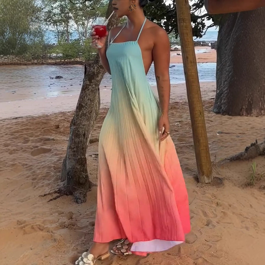 Summer Women Clothing Backless Halter Lace up Gradient Loose Dress by Ragazza