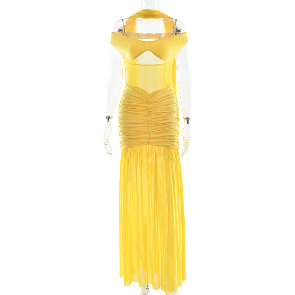 Summer Sexy Tube Top Backless Dress Mesh Pleated Slit Dress by Ragazza