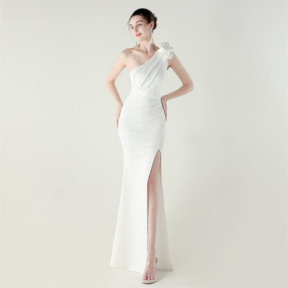 One Shoulder Three Dimensional Floral Satin Folding High Slit Sexy Evening Dress Dinner Wedding Social by Ragazza