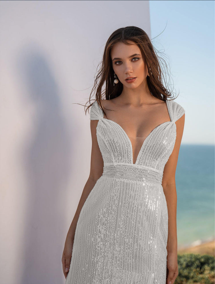 Summer Women Clothing V Neck Slim Hip Wrapped Dress Sequined Split Dress by Ragazza