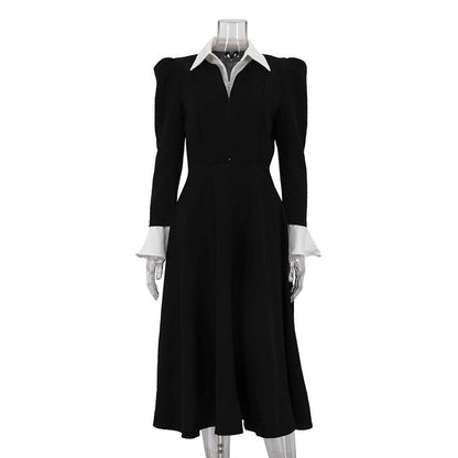 Black White Stitching Faux Two Pieces Sets Dress Women Elegant High Waist A line Dress by Ragazza