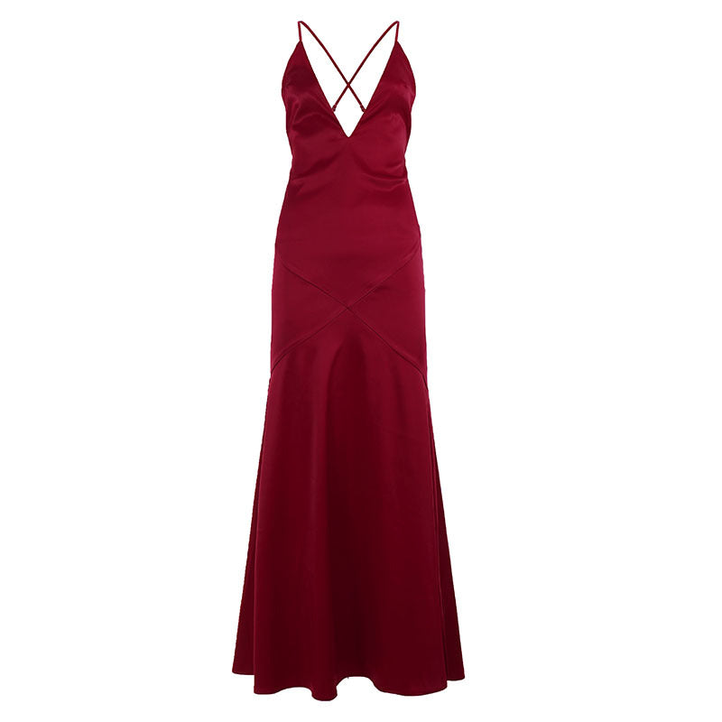 Elegant Satin Evening Dress Cocktail Wine Red Sexy V neck Strap Dress Backless Fishtail Dress by Ragazza