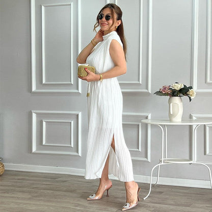Women Clothing Spring Summer Simple Half Turtleneck Waist-Controlled Lace up Mid Length Dress by Ragazza